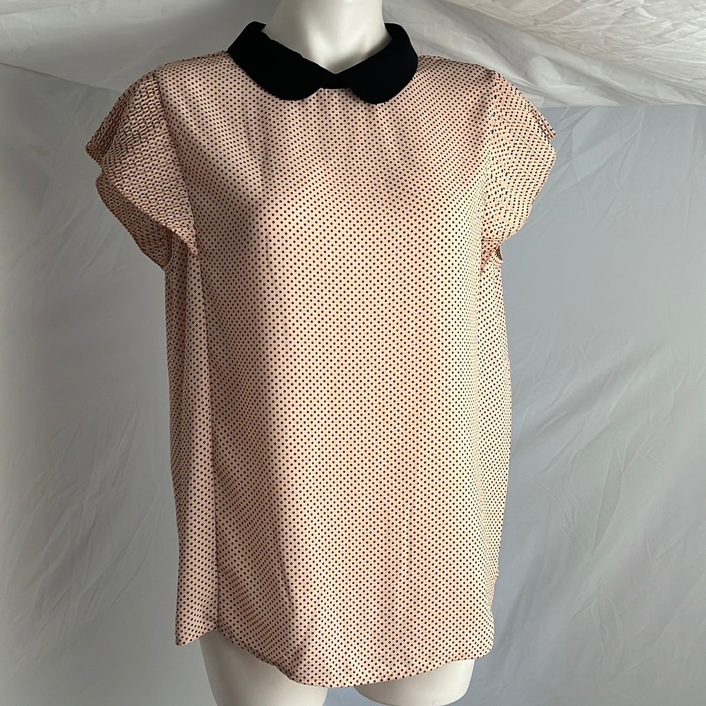 Adrianna Papell pink and black polka dot Peter Pan collar flutter sleeve blouse